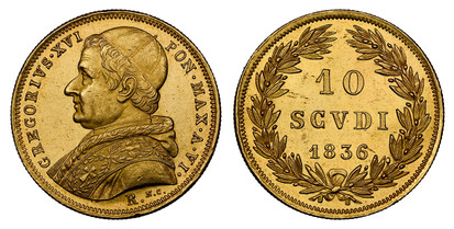 1078015 ITALIAN STATES. Papal States. Gregory XVI. (Pontiff, 1831-1846). 1836-VI-R AV 10 Scudi. NGC MS63WINGS.  28mm. GREGORIVS.XVI... Bust left / Value and date within wreath. KM 1108; Friedberg 263 (Vatican); Muntoni 1b; Berman 3281.

Please use...