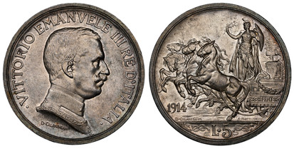 1078372 ITALY. Vittorio Emanuele III. (Emperor, 1900-1946). 1914-R AR 5 Lire. NGC MS63.  Rome. Head right / Quadriga with standing female. KM 56; Pagani 708; MIR 1136a.

Please use this link to verify the NGC certification number <a href="https://...