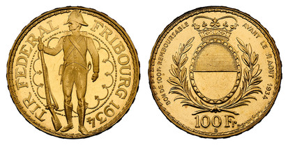 1077903 SWITZERLAND. 1934-B AV 100 Francs Shooting Thaler. NGC MS65.  Bern. Uniformed rifleman standing facing, head left / Crowned oval Arms within spray. KM X-S19; Friedberg 505; Richter 430; Haberling 21.

For the Federal Shooting Festival held...