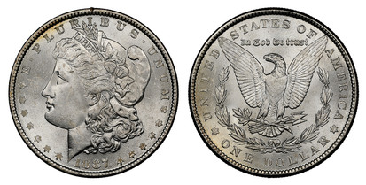 1068586 UNITED STATES OF AMERICA. 1887 AR Morgan Dollar. NGC MS64.  By George T. Morgan. U.S. Mint, Philadelphia. E.PLURIBUS.UNUM. Laureate head left, date below flanked by stars / UNITED STATES OF AMERICA. Eagle within 1/2 wreath. KM 110.

Please...