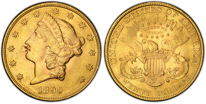 1077752 UNITED STATES OF AMERICA. 1899-S AV $20, Double Eagle. PCGS MS63.  U.S. Mint, San Francisco. Coronet head, left, within circle of stars / UNITED STATES OF AMERICA. TWENTY DOLLARS below eagle. KM 74.3.

We have not submitted this piece to C...