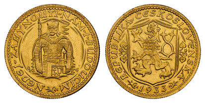 1076622 CZECHOSLOVAKIA. Republic. (1918-1939). 1933 AV Ducat. NGC MS65.  By J. Benda (Obv.) and O. Spaniel (Rev.). Kremnitz. Edge: Milled. Czech lion with Slovak shield, date below / Duke Wenceslas (Vaclav) half-length figure facing. KM 8; Fr.-2; ...