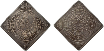 1078573 GERMAN STATES. Saxony-Albertine. Johann Georg I. (Elector, 1591-1656). (1615) AR Klippe Thaler. NGC AU53.  Armored half-length figure right with baton and helmet. / Crown above vines and two crossed swords. KM 82; Dav.-7587;  Schnee 805; C...