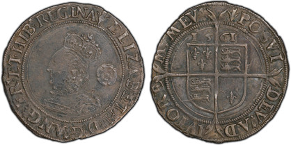 1078177 GREAT BRITAIN. England. Elizabeth I. (Queen, 1558-1603). 1561-(Pheon) AR Sixpence. PCGS XF40.  Tower (London) mint. Crowned bust with ruff left' rose in field behind head / Date above square-topped quartered shield of arms with long cross....