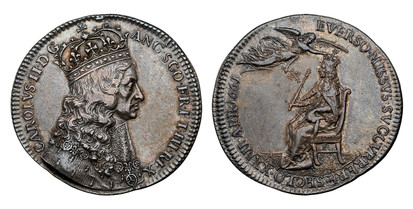 1078558 GREAT BRITAIN. England. Charles II. (King, 1660-1685). 1661 AR Coronation Medal. NGC AU55.  By Thomas Simon. 30mm. CAROLVS · II · D · G ANG · SCO · FR · ET · HI · REX. Crowned and draped bust right, wearing elaborate collar and Order of th...