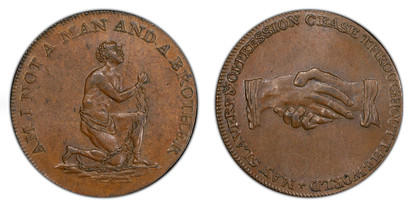 1078563 GREAT BRITAIN. Middlesex. 18th. Century (ND) CU Political and Social Series Halfpenny Token. PCGS MS63BN (Brown).  Edge: PAYABLE IN DUBLIN OR LONDON. AM I NOT A MAN AND A BROTHER. A shackled slave kneeling, hands together in supplication /...