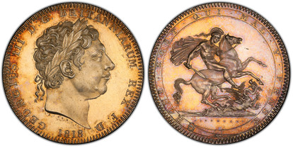 1078236 GREAT BRITAIN. George III. (King, 1760-1820). 1818 AR Crown. PCGS MS63.  Edge: LVIII. GEORGIUS III D: G: BRITANNIARUM REX F: D:. Laureate head right / HONI SOIT QUI MAL .Y PENSE. St. George slaying dragon right. KM 675; SCBC-3787.

Please ...