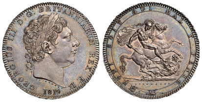 1078440 GREAT BRITAIN. George III. (King, 1760-1820). 1819 AR Crown. NGC MS61.  Edge: LIX. GEORGIUS III D: G: BRITANNIARUM REX F: D:. Laureate head right / HONI SOIT QUI MAL .Y PENSE. St. George slaying dragon right. KM 675; SCBC-3787.

Please use...