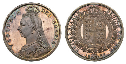 1078143 GREAT BRITAIN. Victoria. (Queen, 1837-1901). 1887 AR Halfcrown. NGC PR65.  Edge: Reeded. VICTORIA DEI GRATIA. Coroneted bust left / BRITANNIARUM REGINA FID: DEF:. Crowned arms within order chain. KM 764. Proof; SCBC-3924.

Please use this ...