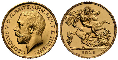 1078450 GREAT BRITAIN. George V. (King, 1910-1936). 1911 AV Half-Sovereign. NGC PR63.  Head left / St. George slaying the dragon. KM 819; SCBC-4006; Friedberg 405a.

From a mintage of just 3,764.

Please use this link to verify the NGC certificati...