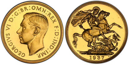 1078145 GREAT BRITAIN. George VI. (King, 1936-1952). 1937 AV Two Pounds. PCGS PR64 Cameo.  Head left / St. George slaying the dragon. KM 860; SCBC-4075; Fr.-410.

From a mintage of just 5,001.

Please use this link to verify the PCGS certification...