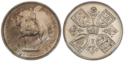 1078379 GREAT BRITAIN. Elizabeth II. (Queen, 1953-2022). 1953 Copper-Nickel Crown. NGC PR64.  Edge: FAITH AND TRUTH I WILL BEAR UNTO YOU. Queen on horseback left, crowned monograms flank / Crown at center of cross formed by rose, shamrock, leek an...