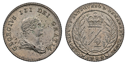 1078560 GUYANA. George III. (King, 1760-1820). 1809 AR 1/2 Guilder. NGC MS63.  Laureate head right / COLONIES OF ESSEQUEBO & DEMERARY TOKEN. Crowned denomination within oak leaves and circle. KM 5.

Colonial Coinage. The NGC insert designates the ...