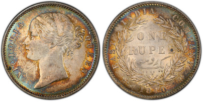 1078537 INDIA-BRITISH. Victoria. 1840-(c) or (b) AR Rupee. PCGS MS63.  Calcutta or Bombay. VICTORIA QUEEN. Head left, W.W. raised, legend divided / EAST INDIA COMPANY. Value within wreath, date below, large diamonds, 28 berries. KM 458.2; S&W-3.33...