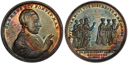 1078559 ITALIAN STATES. Papal States. Clement XIV. 1773-IV AR Medal. PCGS MS61.  CLEMENS XIV PONTIF MAX. Bust right / NVNQVAM SOC IESV MEMOR MDCCLXXIII PS CXXVI 23. Jesus with St. Paul and St. Peter standing right, suppressing 3 Jesuits. Erlanger ...