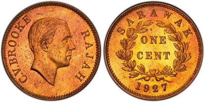 1078195 SARAWAK. Charles V. Brooke. 1927-H AE Cent. PCGS SP64RD (Red).  Heaton, Birmingham. Head right / Value within wreath. KM 18; Pridmore 53; SS-12.

Formerly a very rare type (hence the hammer price in the Diana sale) but some specimen exampl...