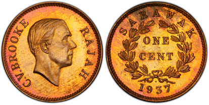 1078197 SARAWAK. Charles V. Brooke. 1937-H AE Cent. PCGS SP65RD (Red).  Heaton, Birmingham. Head right / Value within wreath. KM 18; Pridmore 56; SS-12.
Ex Selvaraj Collection. 

Please use this link to verify the PCGS certification number <a href...