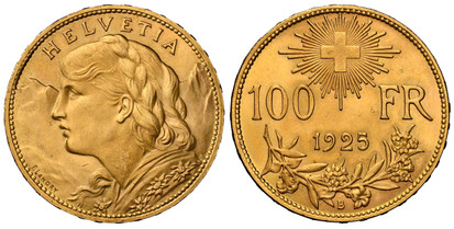 1078478 SWITZERLAND. 1925-B AV 100 Francs. NGC MS64+.  By F. Landry. Bern. Edge: DOMINUS PROVIDEBIT ★★★★★★★★★★ ★★★. 36mm. 32.34gm. Young bust left / Radiant cross above value, date and sprigs. KM 39; Friedberg 502; Divo 359; HMZ 2-1193a.

Please u...