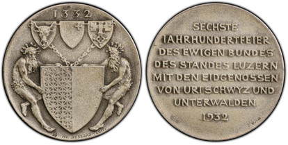 1075164 SWITZERLAND. Lucerne Canton. 1932 AR Medal. PCGS SP65 Matte.  By Bossard. Edge: Plain. 30mm. 10.42gm. 1332. Two figures holding a large central cantonal shield of arms of Lucerne; above it and joined by a chain are the coats of arms of, fr...