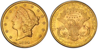 1077867 UNITED STATES OF AMERICA. 1884-S AV $20, Double Eagle. PCGS MS62.  U.S. Mint, San Francisco. Coronet head, left, within circle of stars / UNITED STATES OF AMERICA. TWENTY DOLLARS below eagle. KM 74.3.

Please use this link to verify the PC...