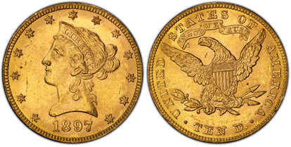 1077694 UNITED STATES OF AMERICA. 1897 AV $10, Eagle. PCGS MS63+  CAC.  U.S. Mint, Philadelphia. New-style head, left, within circle of stars / UNITED STATES OF AMERICA. IN GOD WE TRUST above eagle. KM 102.

Please use this link to verify the PCGS...