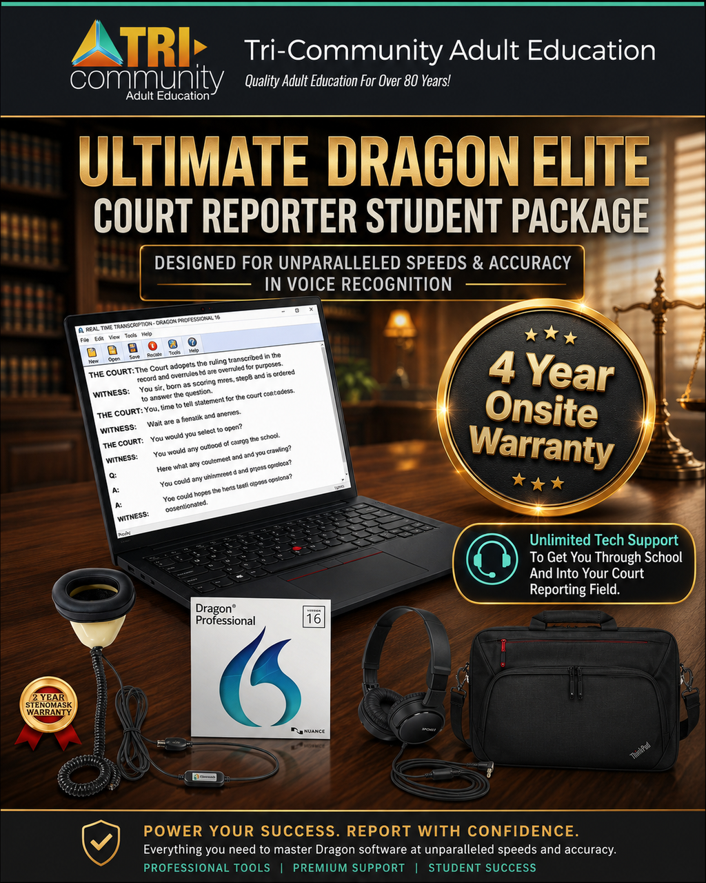 Tri-Community Adult School Court Reporting Voice Writing 32 Gig Dragon Elite Laptop Package