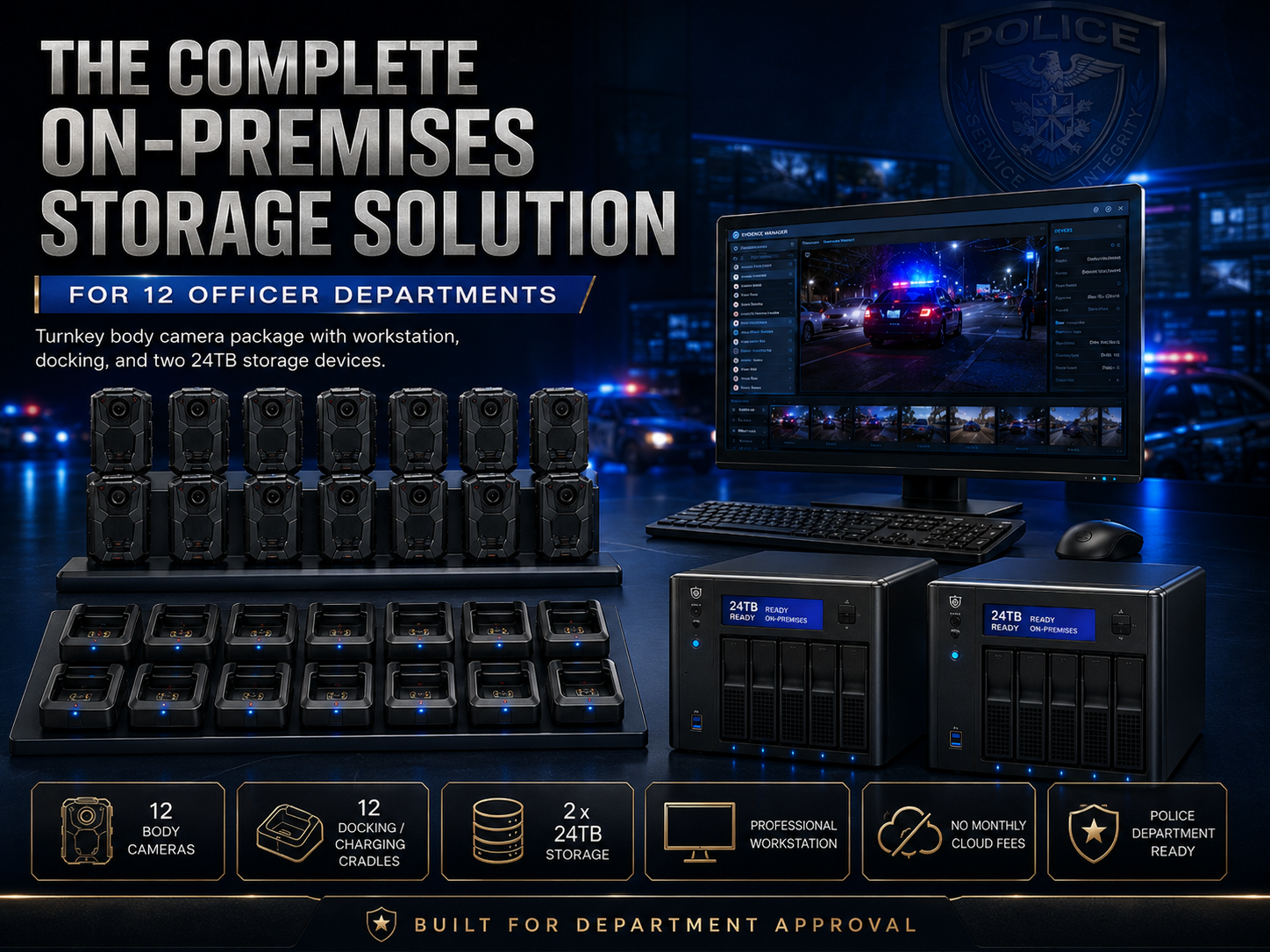 24 officer police body camera package with workstation and network attached storage