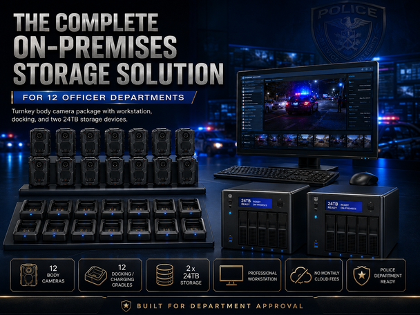 24 Officer Police Body Camera Package with Two - 32 Terabyte Storage package 80 Terabyte Total of On-Premises Storage