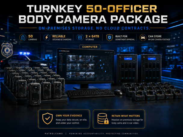 50 Man Police Body Camera Package with 64 Terabyte Storage package On-Premises workstation and storage system Turnkey