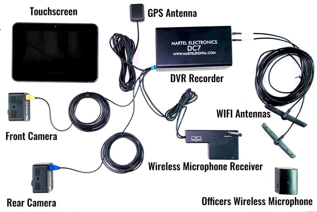 DC7 police car camera system components including touchscreen DVR front camera rear camera GPS antenna WiFi antennas and officer wireless microphone