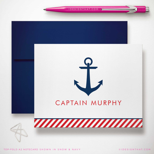 Nautical Anchor folded notecard showing navy anchor, custom name, and striped border with a navy envelope.