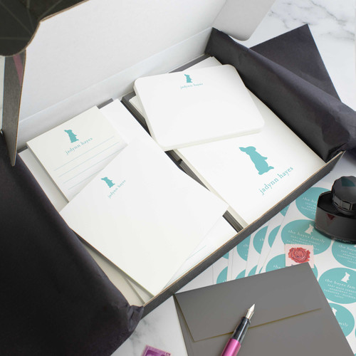 Bunny personalized stationery gift set in an open box with coordinated notecards, notepads, envelopes, and stickers.