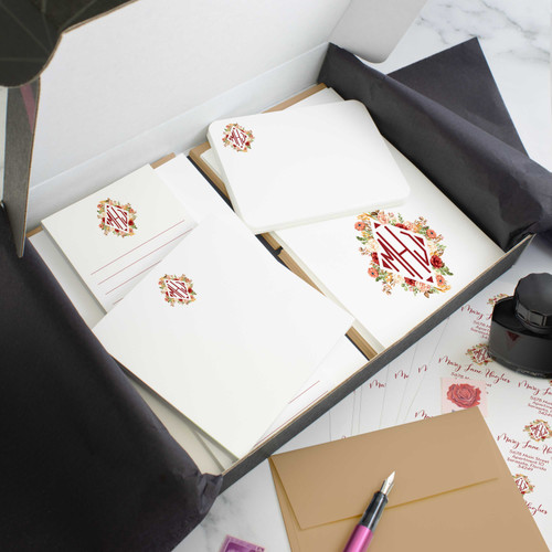 Floral Diamond personalized stationery gift set in an open box with coordinated notecards, notepads, envelopes, and stickers.