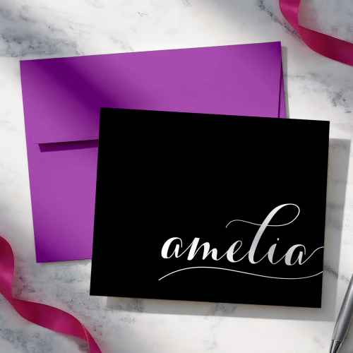 Holla Swash folded notecard showing white script name on a black card with a purple envelope.