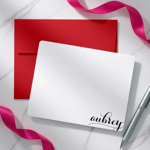 Holla Swash flat notecard showing black script name at the lower corner with a red envelope.
