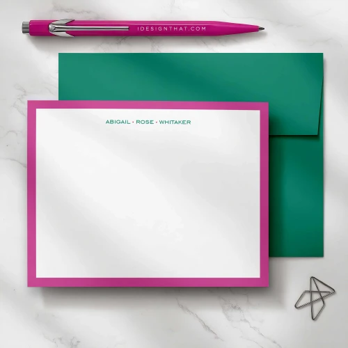 Modern Border personalized flat notecard with a pink border, three-part name, and coordinating green envelope.