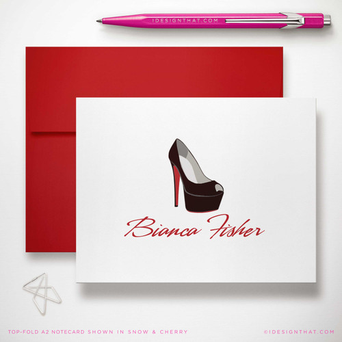 Red Bottoms folded notecard showing high-heel illustration and script name with a red envelope.