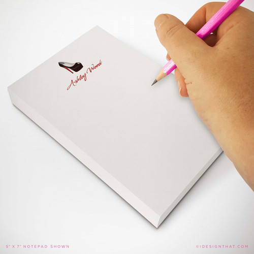Red Bottoms personalized rectangular notepad showing a high-heel motif and name.