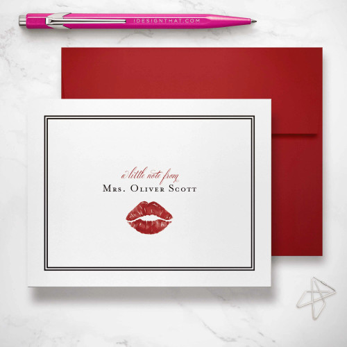 Romantic Kiss personalized folded notecard with lipstick kiss and “a little note from” name, Ruby envelope, feminine stationery