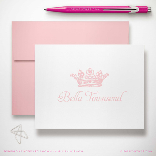 Royal Crown folded notecard showing pink crown and script name with a pink envelope.