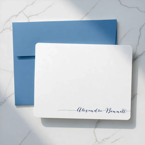 Simple Calligraphy personalized flat notecards with envelopes and a custom printed name.