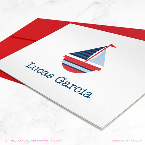 Summer Sailing folded notecard showing red and blue sailboat and child’s name beside a red envelope.