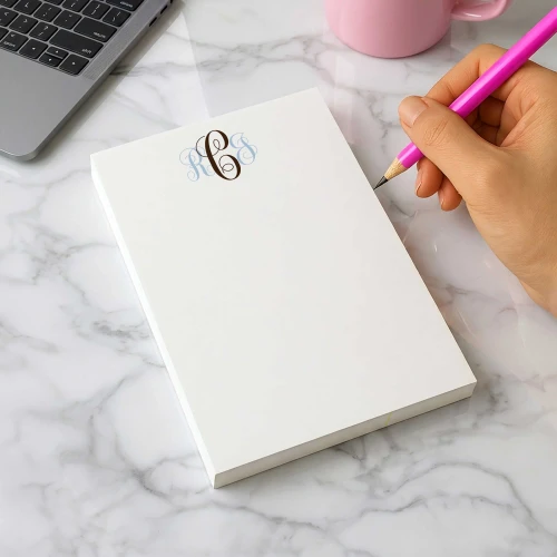 Traditional Script personalized rectangular notepad with a blue and brown three-initial monogram, shown in use beside a laptop and pink coffee mug.