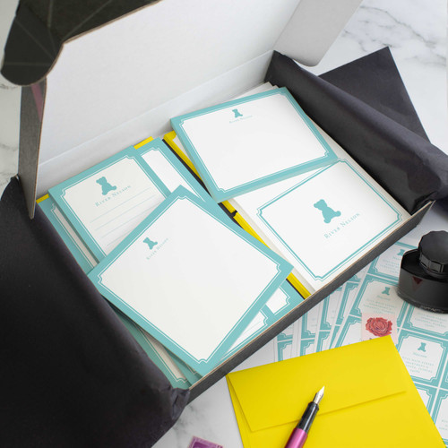 Teddy Bear personalized stationery gift set in an open box with coordinated notecards, notepads, envelopes, and stickers.