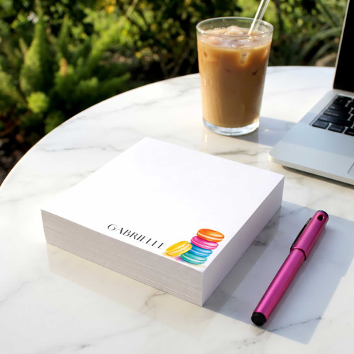 Personalized Macaron square notepad with colorful watercolor French macarons and a printed name