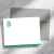 Teal-bordered personalized flat notecard with teal monogram and coordinating gray envelope