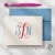Personalized A2 folded notecard with a red and blue Traditional Script monogram, coordinating blue envelope, and pink iDesignThat pen.