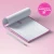 Open personalized square notepad with pink border, lined pages, and pencil
