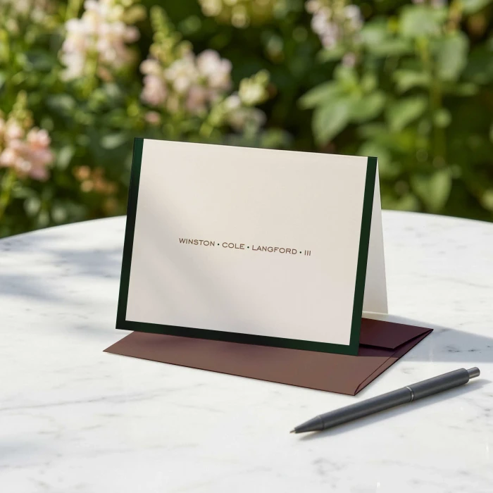 Modern Border folded notecard standing open and personalized with a full name and suffix, paired with a brown envelope.