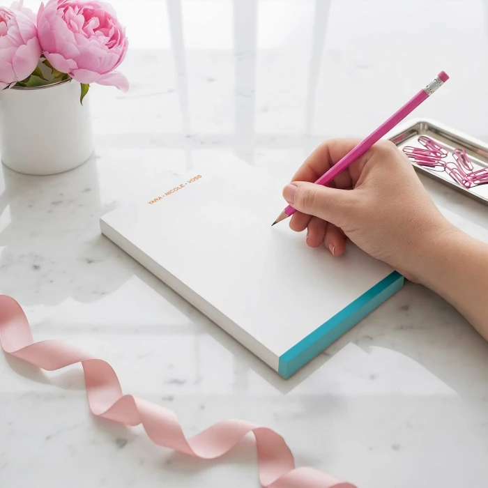 Modern Border personalized writing pad with a three-part name, turquoise accent border, and hand writing on the unlined page.
